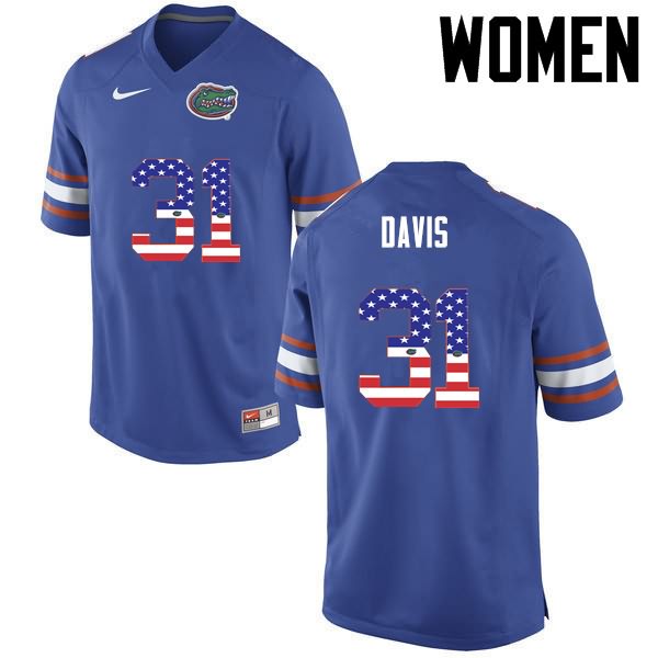 Women's NCAA Florida Gators Shawn Davis #31 Stitched Authentic USA Flag Fashion Nike Blue College Football Jersey AET8865DA